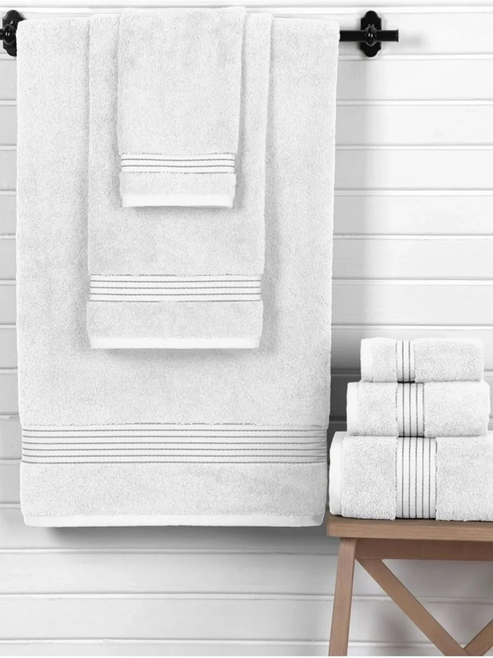 Premium White Bath Towel Set with Stripe Detail